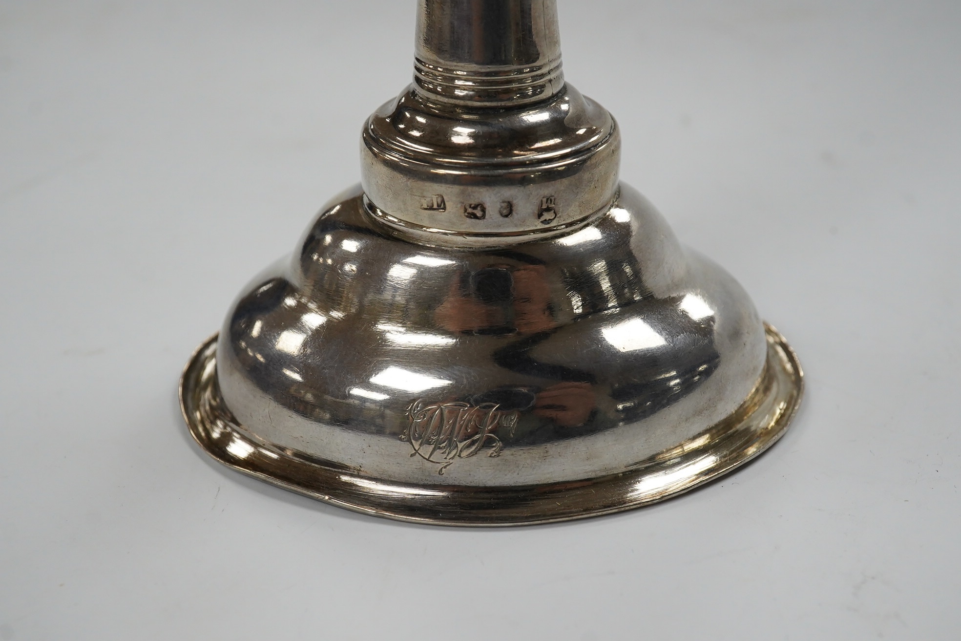 A George III silver oval wine funnel, by John Lias?,with engraved monogram, Sheffield, 1802, 12.2cm, 2.5oz. Condition - poor